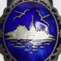 Vintage Silver Brooch with Blue Enamel and Asiatic Motifs
