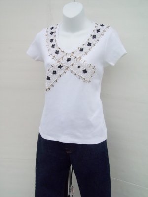 KENAR faux pearl Embellished V neck knit tee Top size M