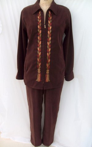Bob Mackie stretch moleskin embroidered jacket & pant set suit size M