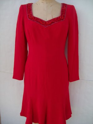 Escada Couture red embellished neck silk flare dress size 38 USA 8