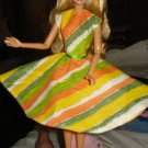 Circular skirt dress for Barbie Doll in orange, white and green print fabric - ed13