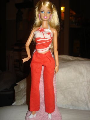 Red pants and matching red and white halter top set for Barbie Dolls - ed80
