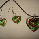Glass heart necklace and earring set with gold, green, black & copper swirls - eg21