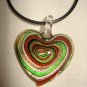 Glass heart necklace and earring set with gold, green, black & copper swirls - eg21