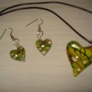Yellow and green off-set puffed glass heart pendant and earring set - eg09