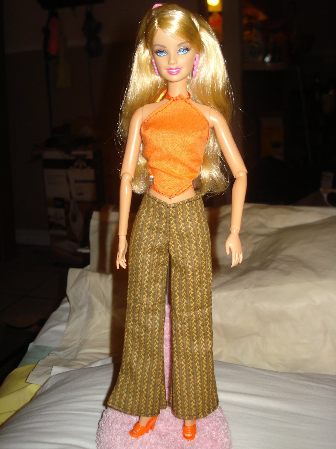 Brown striped pants and orange halter top set for Barbie Dolls - ed43
