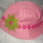 Baby / toddler hat in pink with pink floral trim & green flower-ekho1g