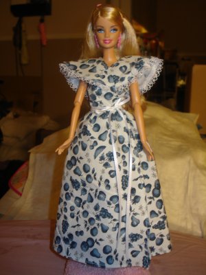 White & blue fruit print long wrap dress for your Barbie Dolls - ed133