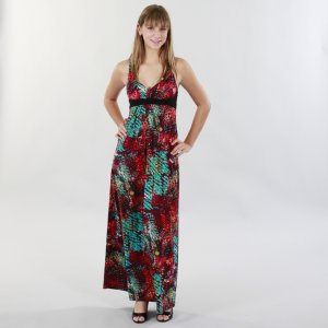 JFW Printed Maxi Dress in Turquoise and Burgundy