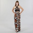 JFW Maxi Dress with Halter Tie Neckline and Aztec Print in Black and Brown