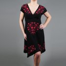 Antoinette C. Contemporary Short Sleeve Handkerchief Hem Dress with Red Floral Arrangement Patterns