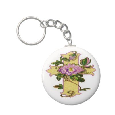 2.25 Inch Cross W/Pink Flower Religious Button Keychain