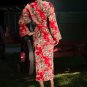 Women's Long Printed Red Cotton Robe with Kimono Collar-Song Size Extra Small (0-4)