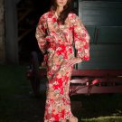 Women's Long Printed Red Cotton Robe with Kimono Collar-Song Size Small (6-8)
