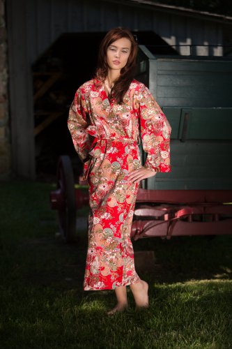 Women's Long Printed Red Cotton Robe with Kimono Collar-Song Size Small (6-8)