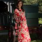 Women's Long Printed Red Cotton Robe with Kimono Collar-Song Size Small (6-8)