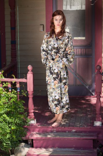 Women's Long Printed Cotton Robe with Kimono Collar-Liao Size Small (6-8)