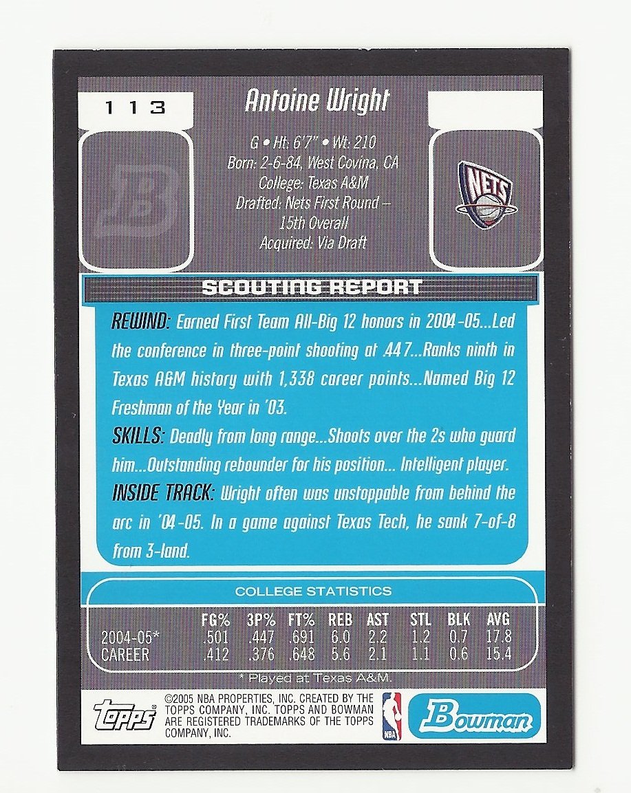 Antoine Wright 2005 Bowman Rookie Card #113 New Jersey Nets