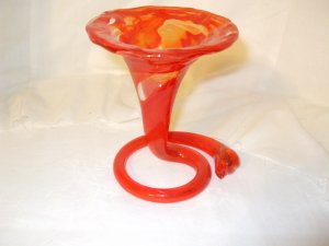 Red & Clear Hand Blown Swirl Vase with Slightly Fluted edges.