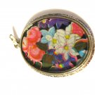 Siver Toned Pendant with Flowers under Glass with Silver tone painting of outline of Flowers