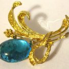 Vintage Goldtone Floral Brooch with Large Blue Glass Stone as Flower