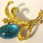 Vintage Goldtone Floral Brooch with Large Blue Glass Stone as Flower
