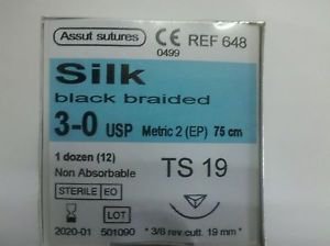 Dental Silk Sutures Black Braided 1 Dozen 3-0 75cm Non Absorbable By Assut