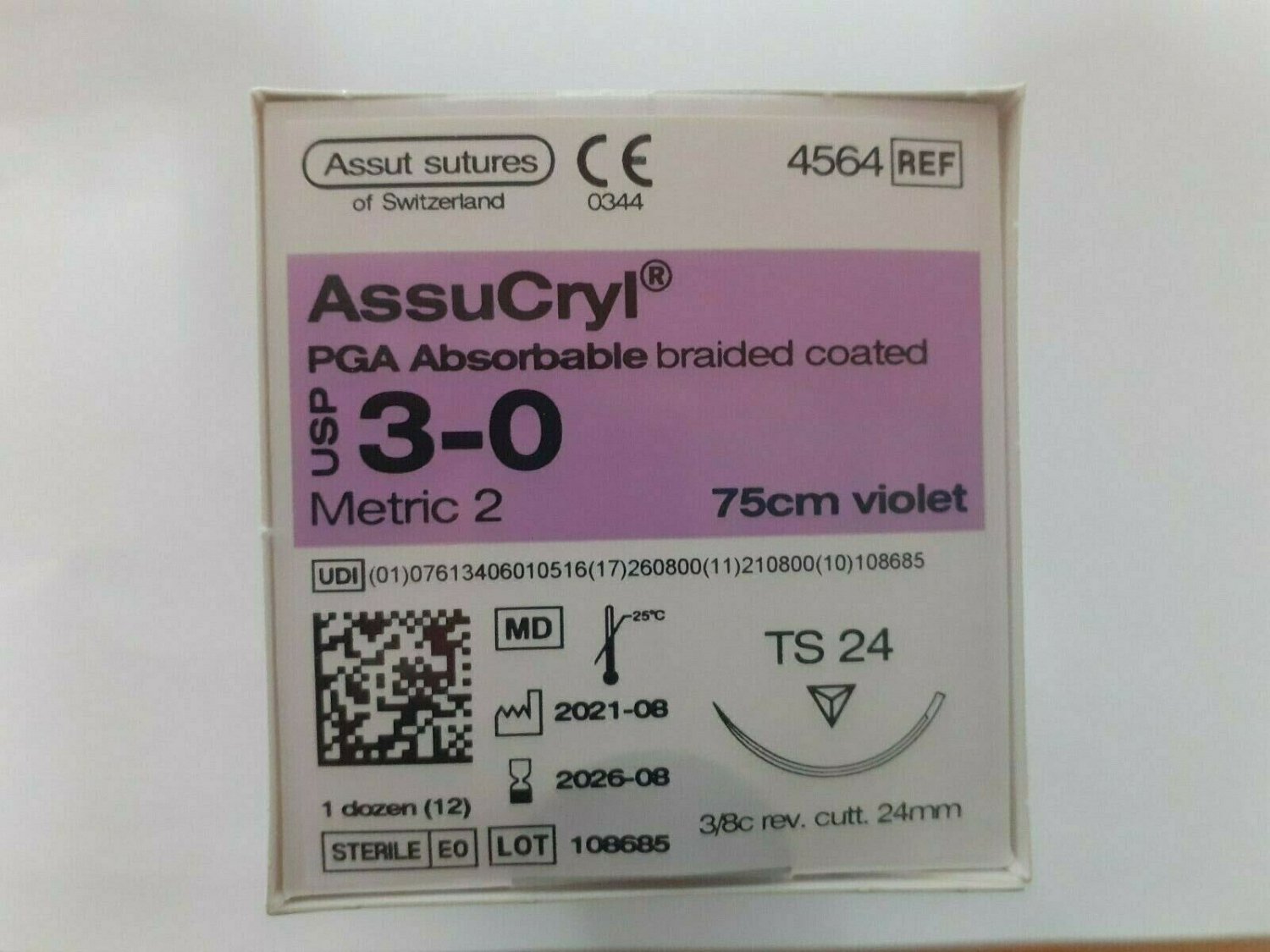 Dental Sutures AssuCryl PGA Absorbable Braided Coated Size 3-0 75cm Violet