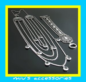 Miu's Silver + Black Rhinestone Multi Strand Necklace + Bracelet Jewelry Set (mis.26)