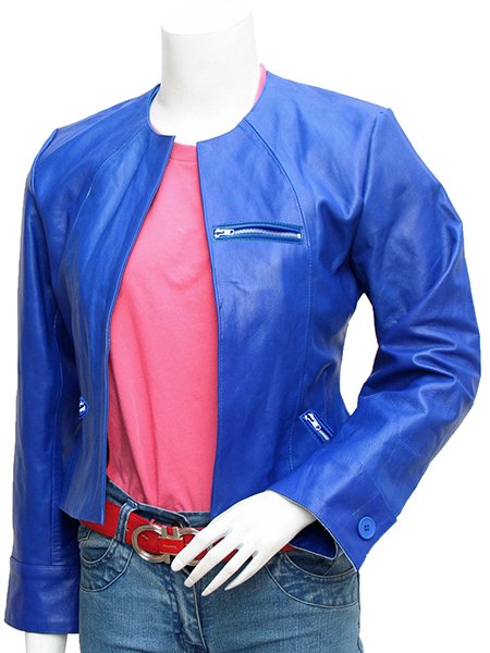 Collarless Women's Blue Leather Jacket - Sinipin