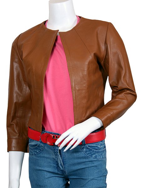 Women Tan Collarless Leather Jacket - Astoria