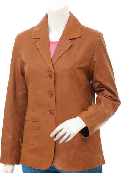 3 Button Women's Tan Leather Blazer Jacket - Ainaa