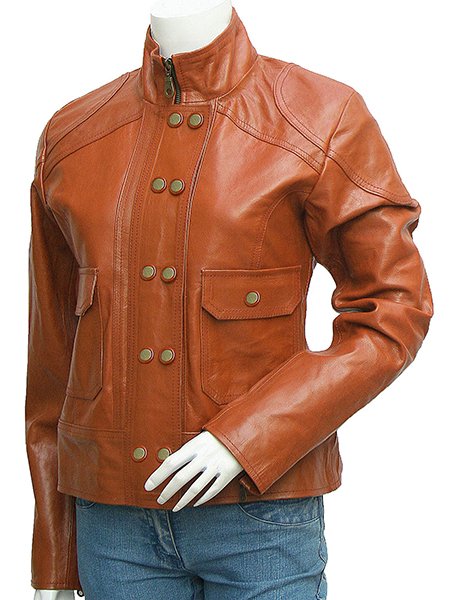 Reefer Look Women Tan Leather Jacket - Braill