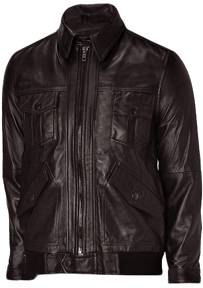 Men's Brown Leather Bomber Jacket - Kensou