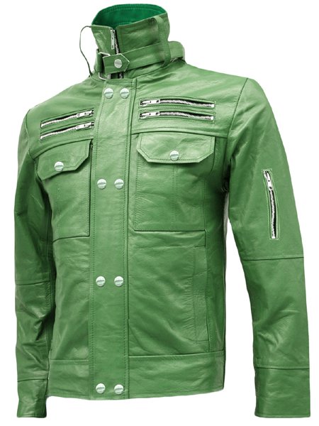 High Collar Green Leather Biker Jacket Men - Svein