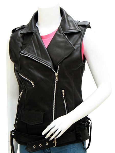 Women's Classical Black Leather Biker Vest - Antonio
