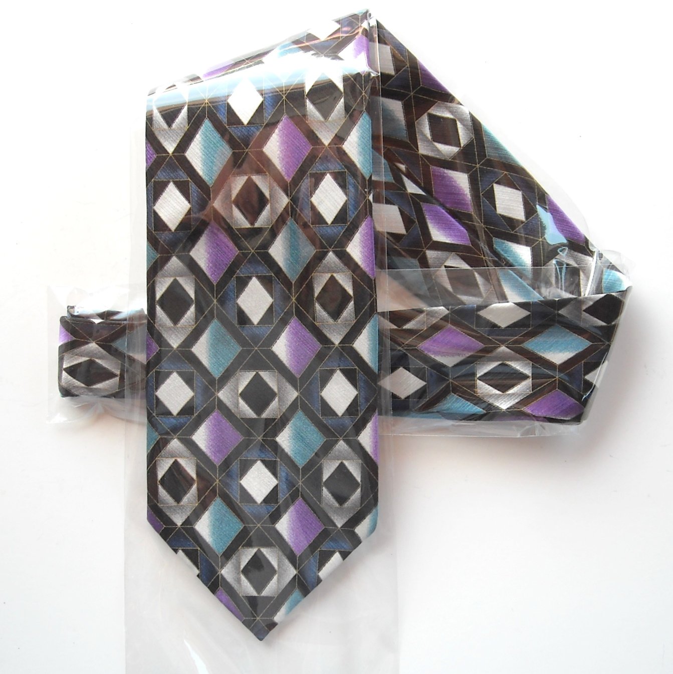 Vintage No Label Hand Made Purple Blue White Silk Necktie Tie