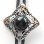 Vintage Black Stone Ornate Silver Tone Bolo Bootlace Tie