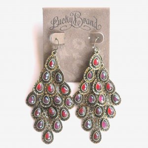 Lucky Brand Brass Chandelier Dangle Ruby Red earrings for women