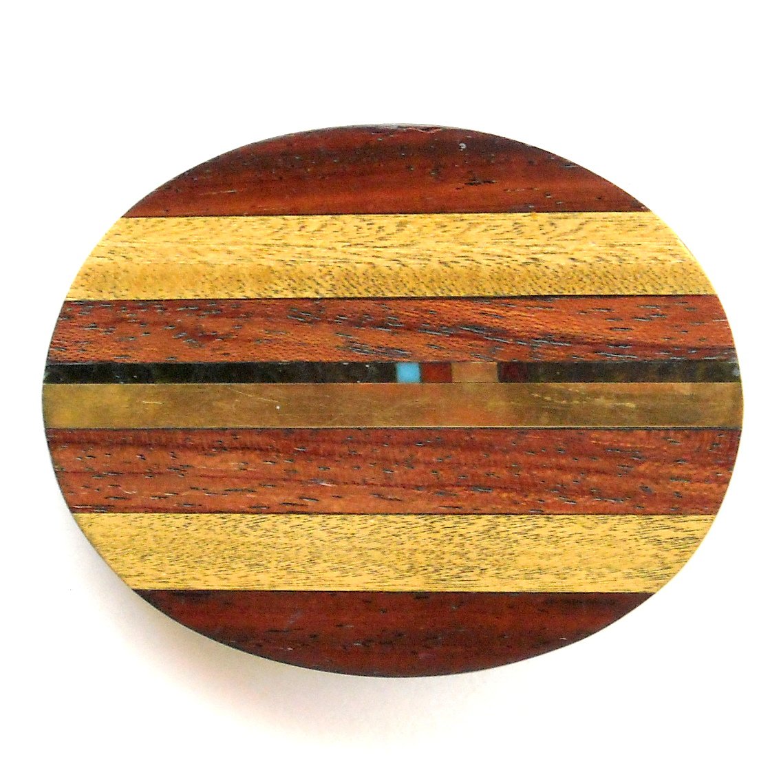 American Inlaid Wood & Brass Oval Belt Buckle