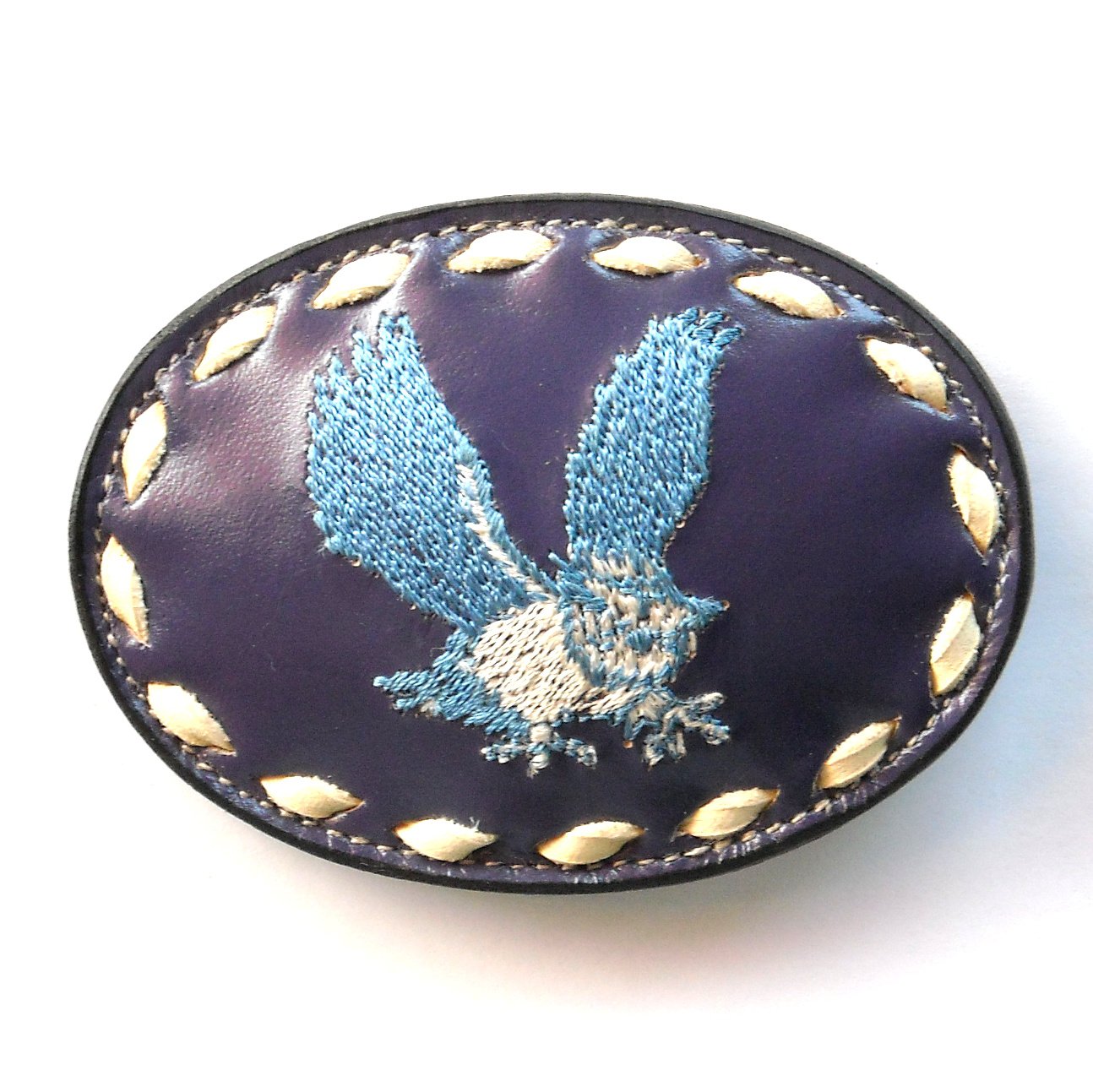 Embroidered Blue Owl Tony Lama White Stitching Leather Belt Buckle