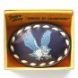 Embroidered Blue Owl Tony Lama White Stitching Leather Belt Buckle