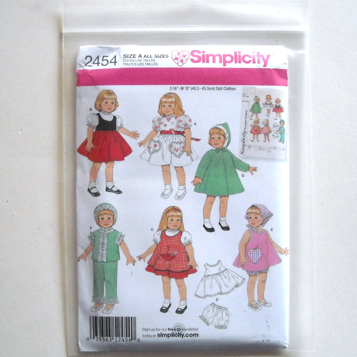 Doll Wardrobe Simplicity Sewing Pattern 2454