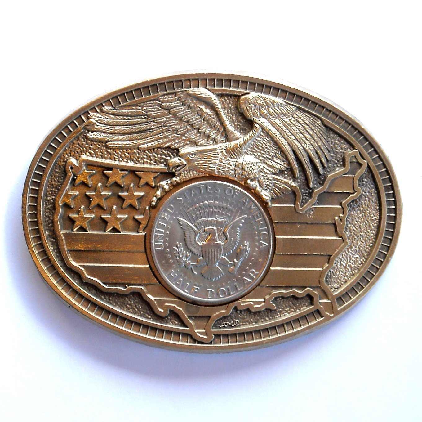 America Bald Eagle 1970s Half Dollar Award Design Solid Brass Belt Buckle