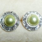 Rhinestones + Pearl stud earrings- Green-9mm diameter