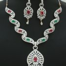 An elegant cubic zirconia necklace and earring set with Ruby and Emerald stones