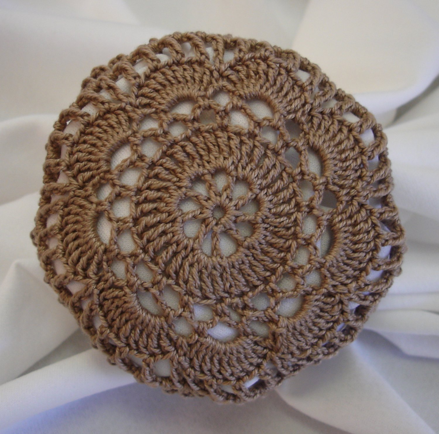 Hand Crocheted Light Brown Hair Net / Bun Cover Flower Style Amish