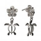White Gold Turtle and Plumeria Earrings