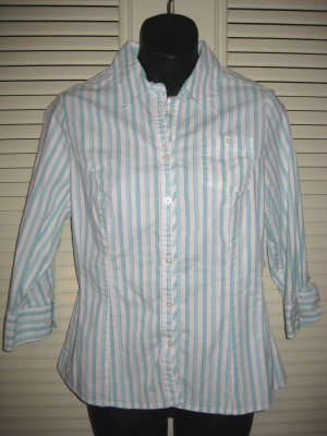 RIDERS Turquoise & White Striped Shirt Top Medium MINT