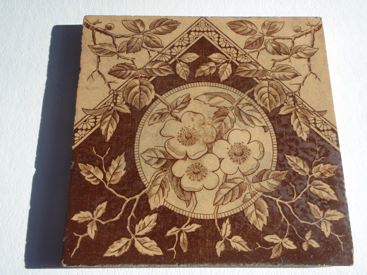 Antique Victorian Era Ceramic Tile Brown Transfer on Cream May Roses